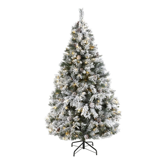 Sapin de Noël artificiel floqué White River Mountain de 6 pi avec pommes de pin et 250 lumières LED transparentes