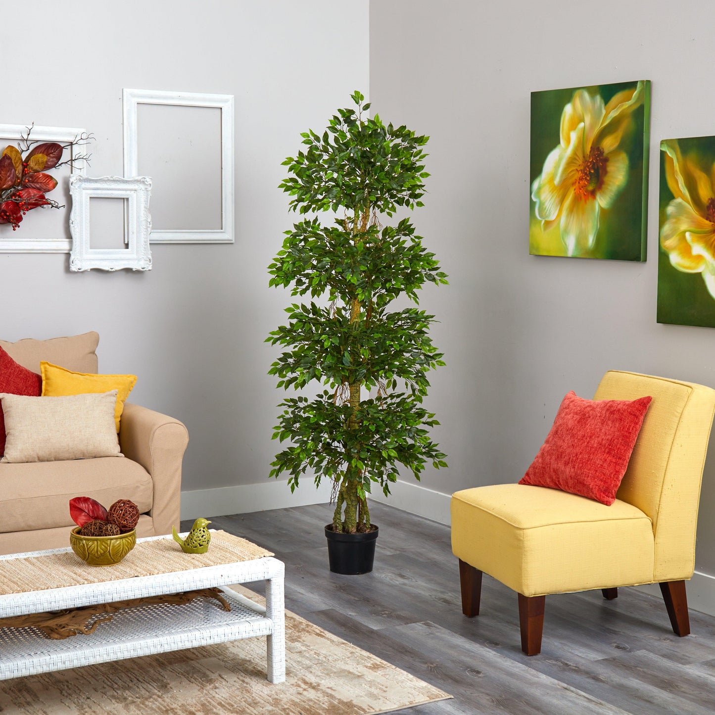 Arbre artificiel mini ficus à quatre niveaux de 6 pi résistant aux UV (intérieur/extérieur)