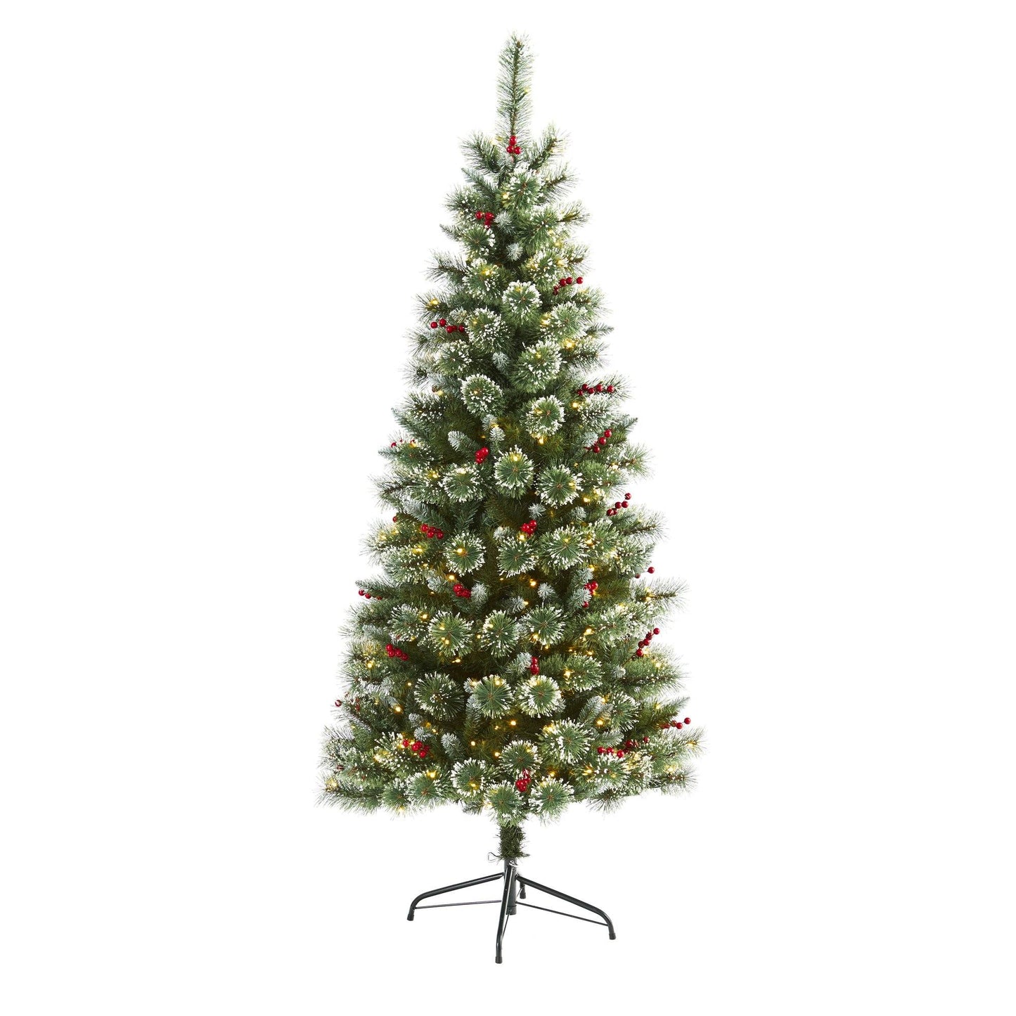 Árbol de Navidad artificial de pino suizo esmerilado de 6 pies con 300 luces LED transparentes y bayas