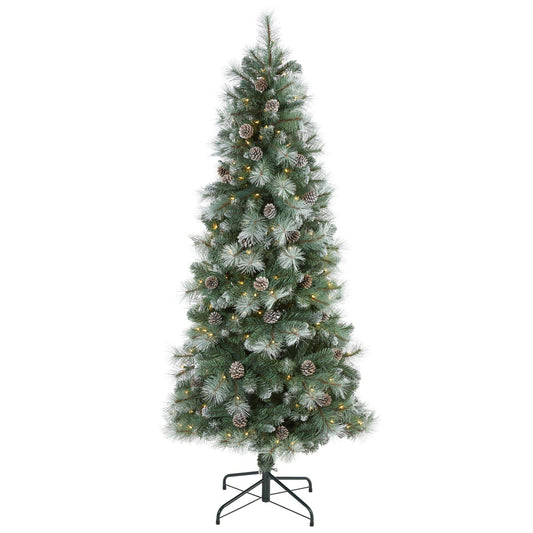 Árbol de Navidad artificial de pino de montaña de Columbia Británica con punta esmerilada de 6 pies con 250 luces transparentes, piñas y 588 ramas flexibles