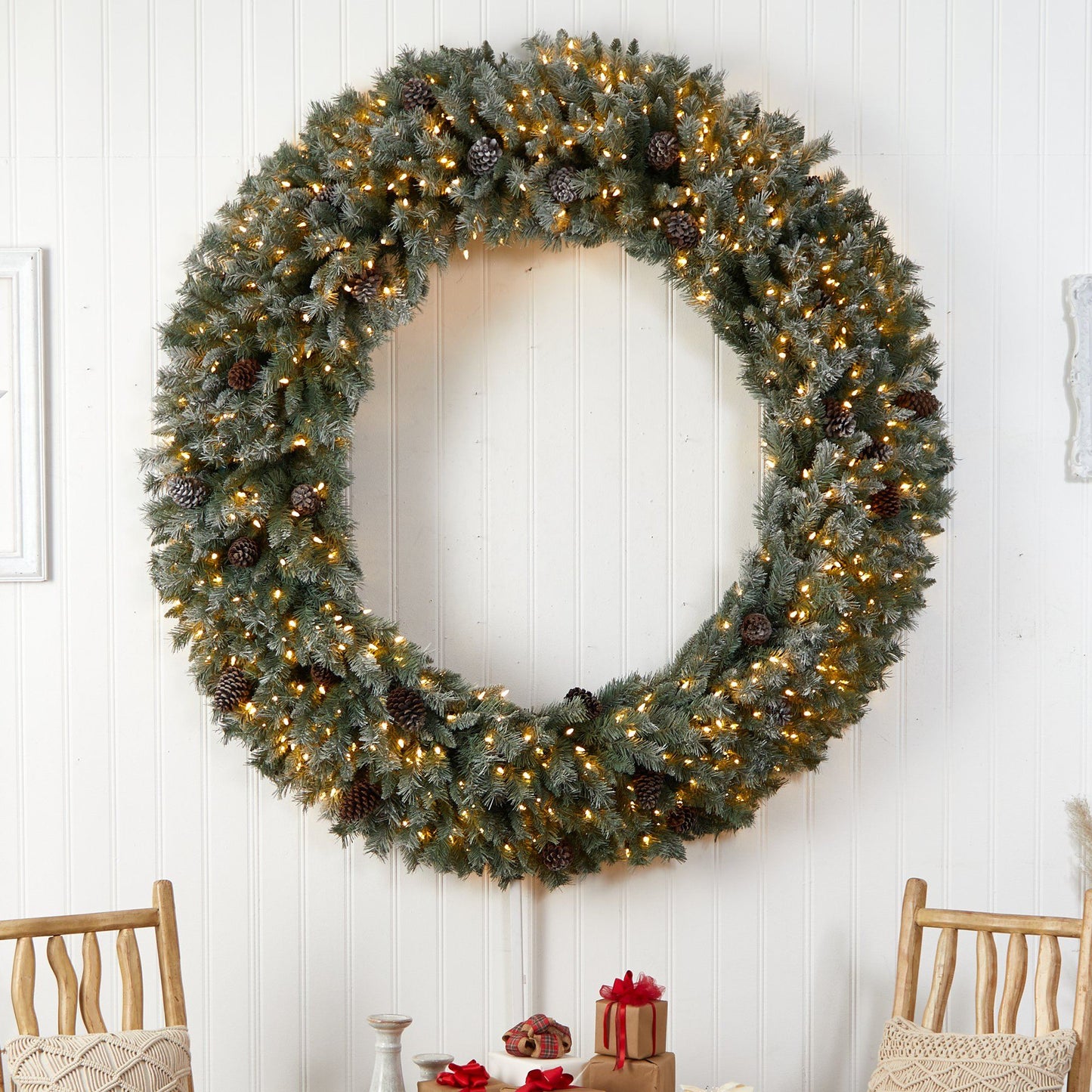 6’ Giant Flocked Christmas Wreath with Pinecones, 600 Clear LED Lights and 1000 Bendable Branches