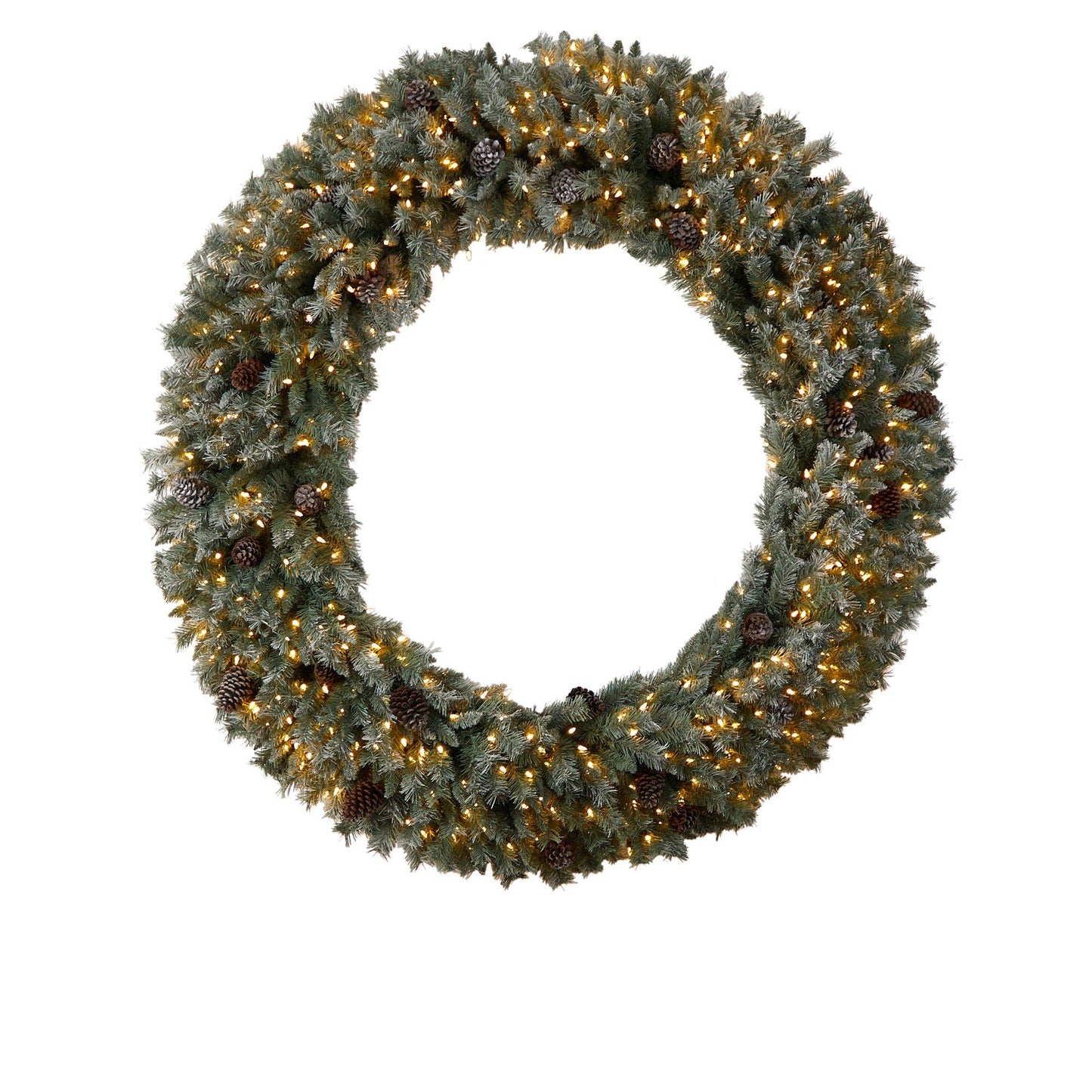 6’ Giant Flocked Christmas Wreath with Pinecones 600 Clear LED Lights and 1000 Bendable Branches - Nearly Natural