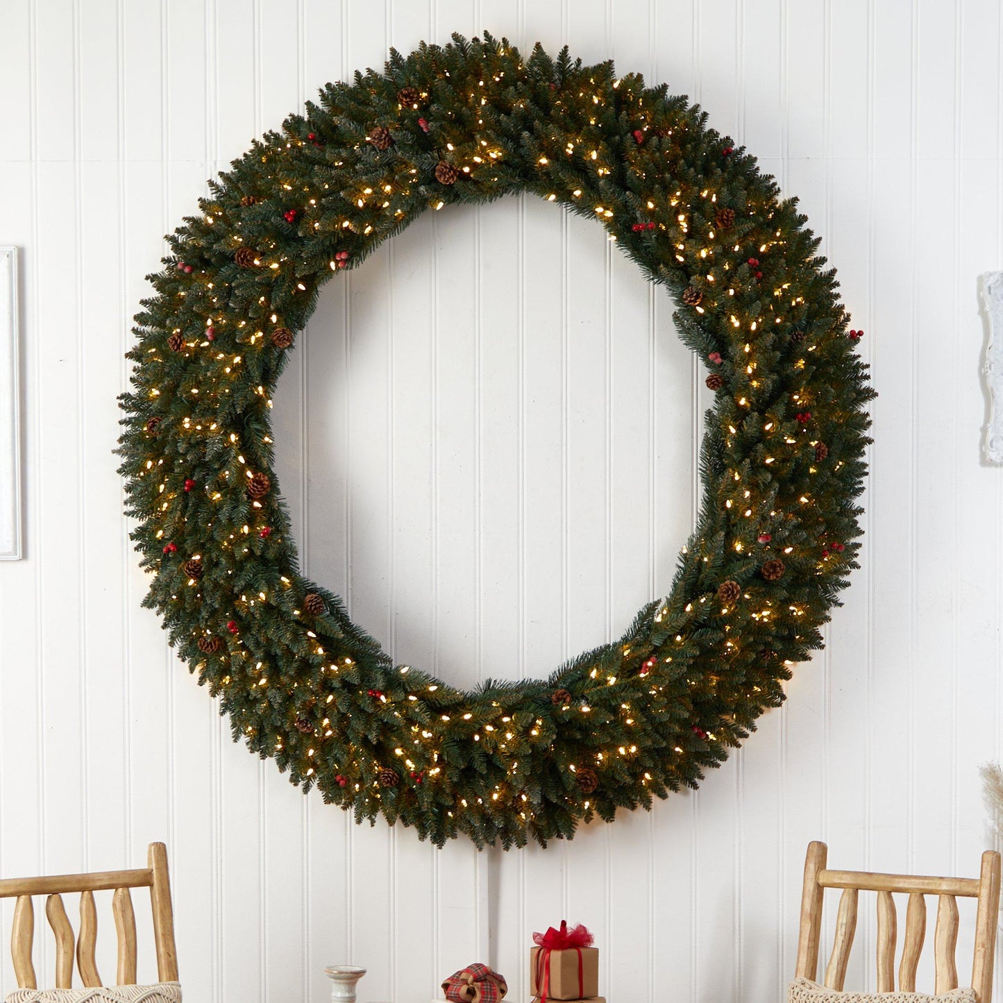 6’ Large Flocked Wreath with Pinecones, Berries, 600 Clear LED Lights and 1080 Bendable Branches