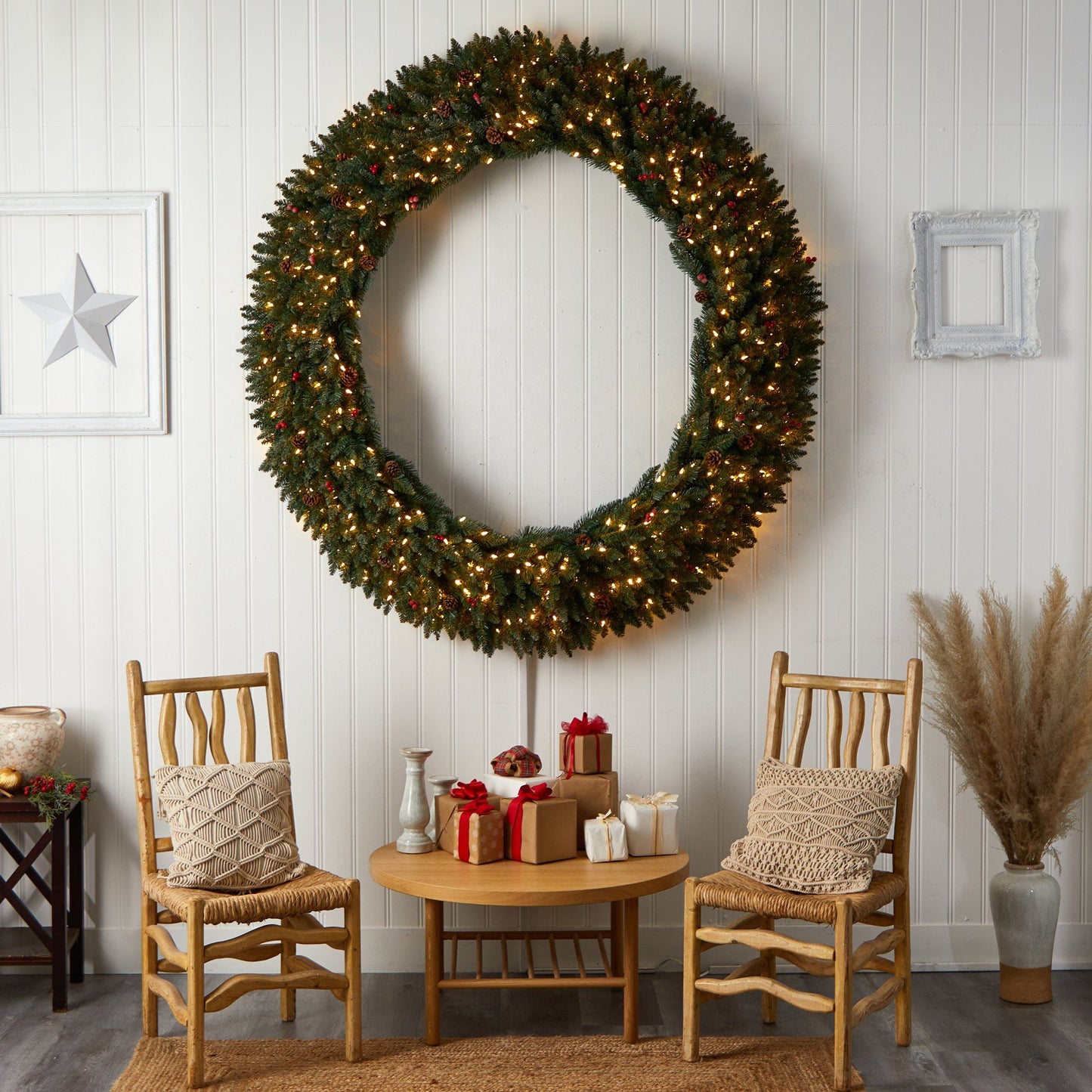 6’ Large Flocked Wreath with Pinecones, Berries, 600 Clear LED Lights and 1080 Bendable Branches