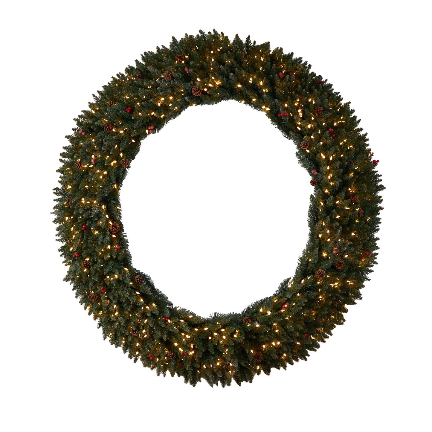 6’ Large Flocked Wreath with Pinecones, Berries, 600 Clear LED Lights and 1080 Bendable Branches