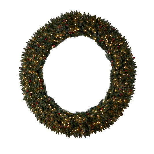 6’ Large Flocked Wreath with Pinecones, Berries, 600 Clear LED Lights and 1080 Bendable Branches