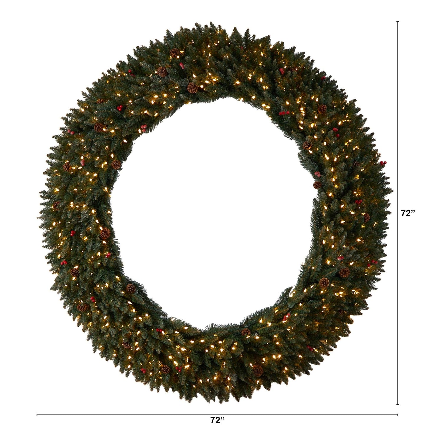 6’ Large Flocked Wreath with Pinecones, Berries, 600 Clear LED Lights and 1080 Bendable Branches