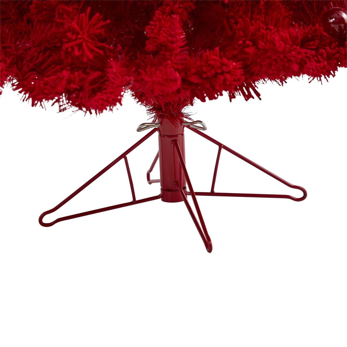 Árbol de Navidad artificial de abeto Fraser rojo flocado de 6 pies con 350 luces rojas, 33 bombillas esféricas y 748 ramas flexibles