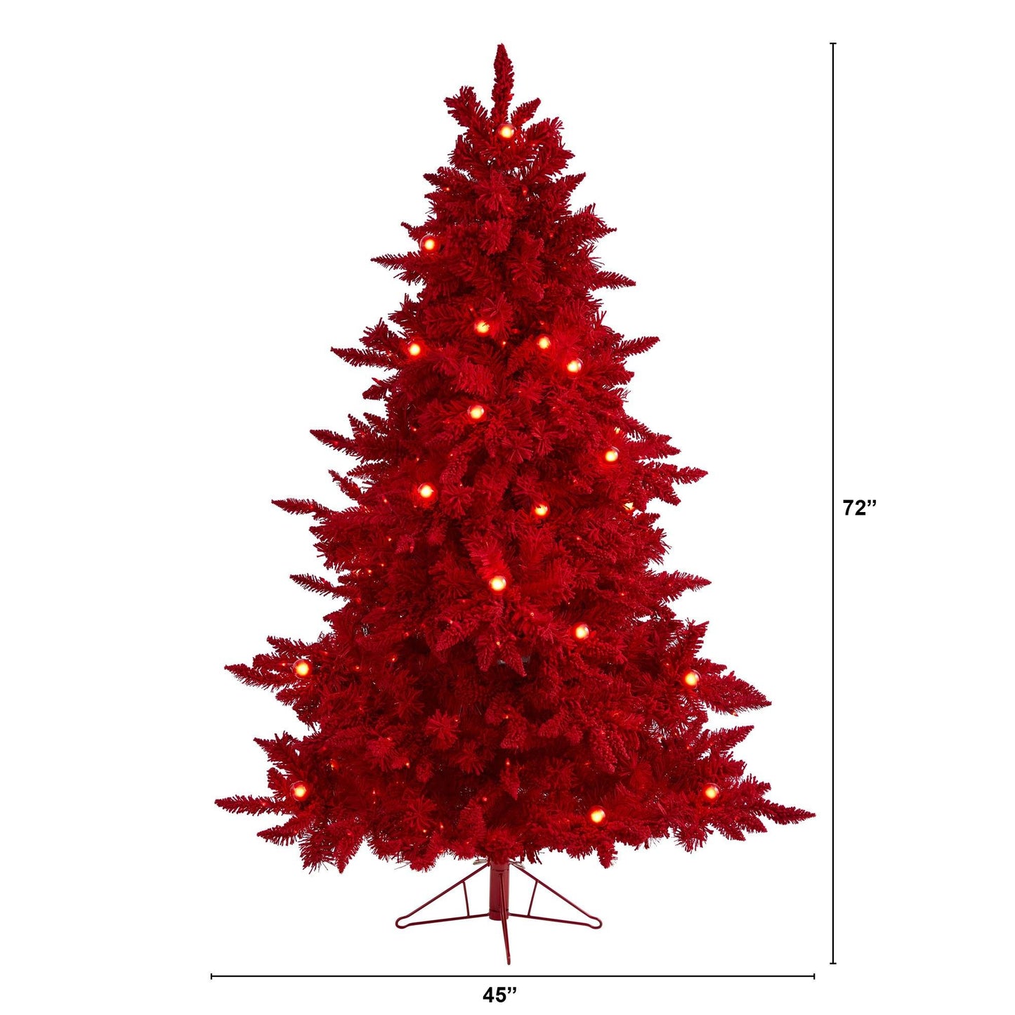 Árbol de Navidad artificial de abeto Fraser rojo flocado de 6 pies con 350 luces rojas, 33 bombillas esféricas y 748 ramas flexibles