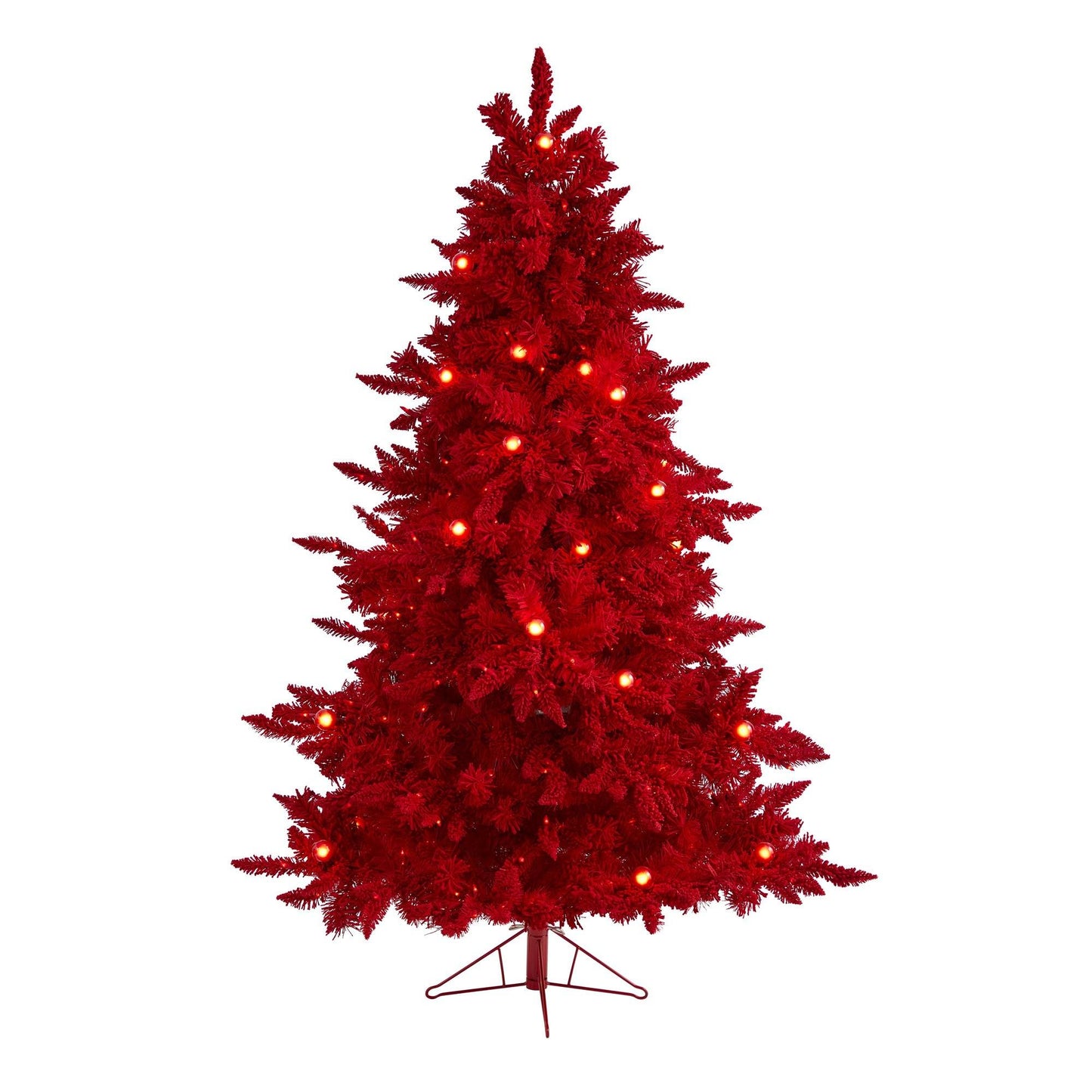 Árbol de Navidad artificial de abeto Fraser rojo flocado de 6 pies con 350 luces rojas, 33 bombillas esféricas y 748 ramas flexibles