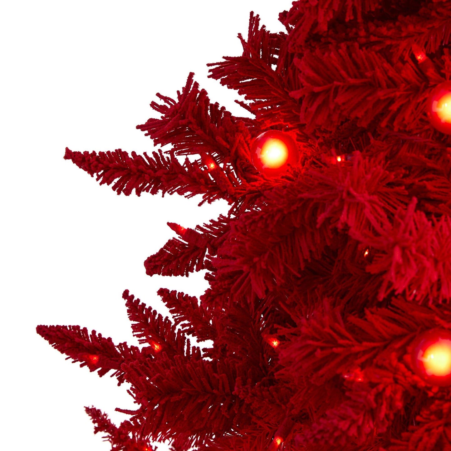 Árbol de Navidad artificial de abeto Fraser rojo flocado de 6 pies con 350 luces rojas, 33 bombillas esféricas y 748 ramas flexibles