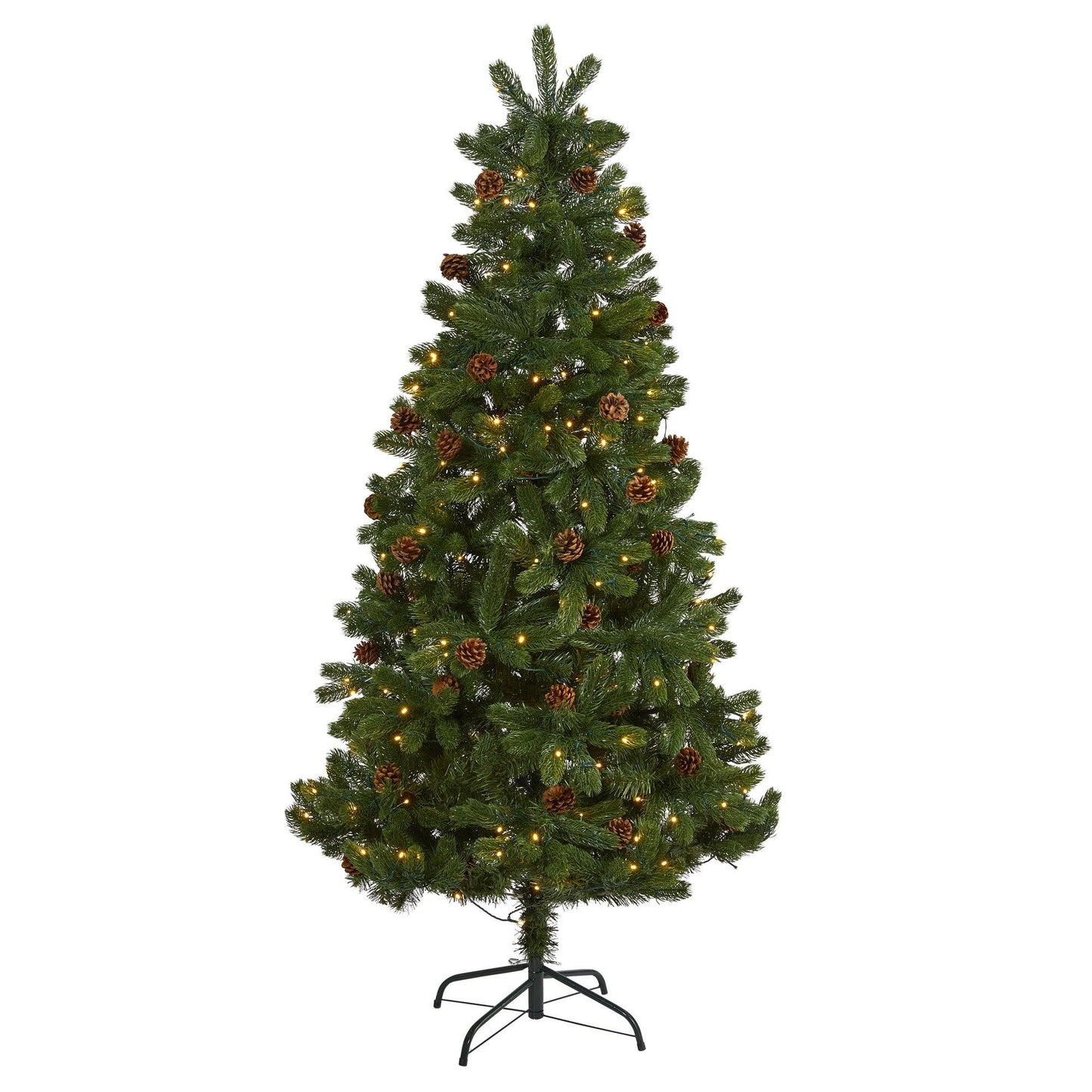 Árbol de Navidad artificial de abeto de las Montañas Rocosas de 6 pies con piñas y 250 luces LED transparentes