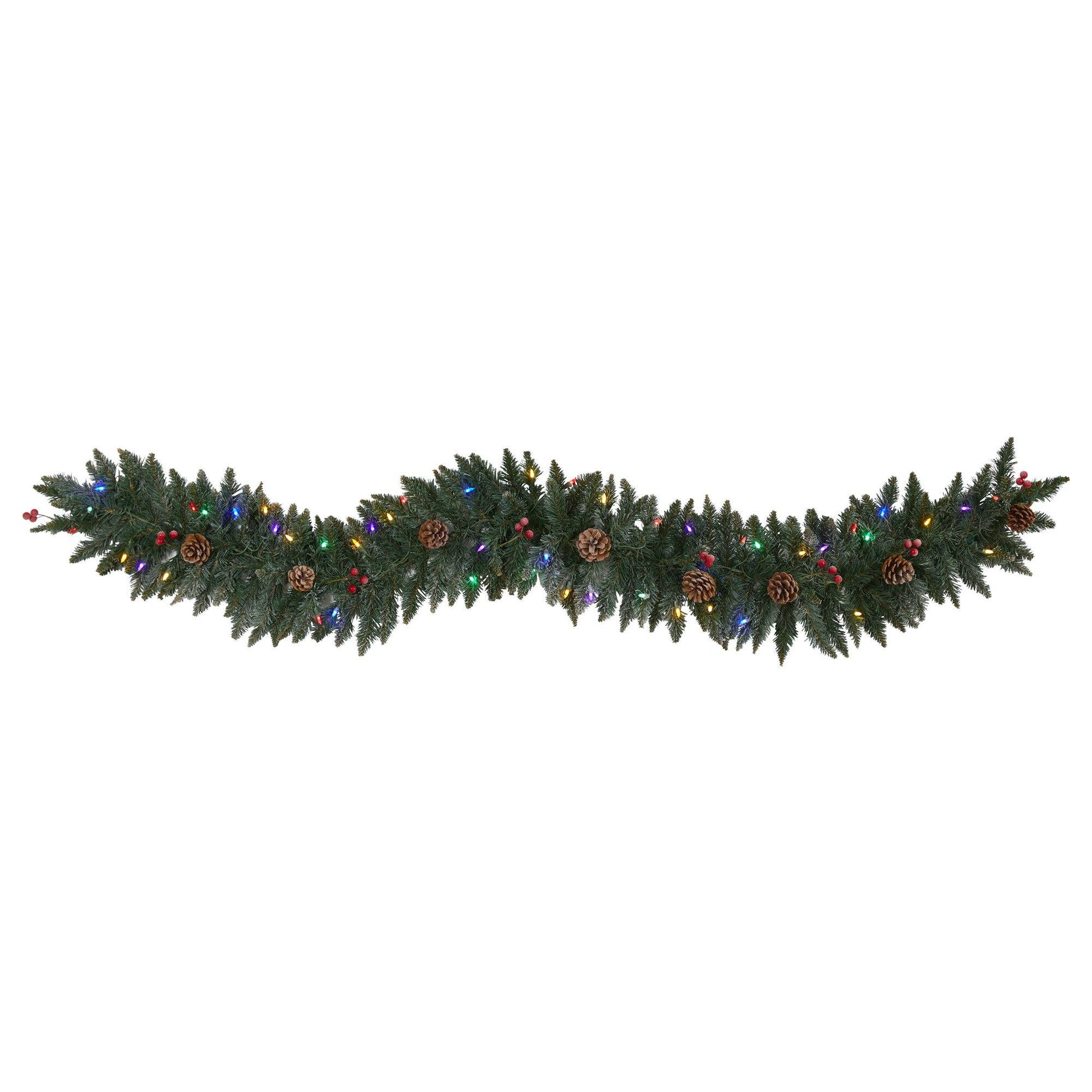 6’ Snow Dusted Artificial Christmas Garland with 50 Multicolored LED Lights Berries and Pinecones - Nearly Natural