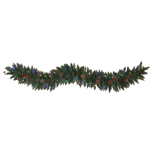 6’ Snow Dusted Artificial Christmas Garland with 50 Multicolored LED Lights Berries and Pinecones - Nearly Natural
