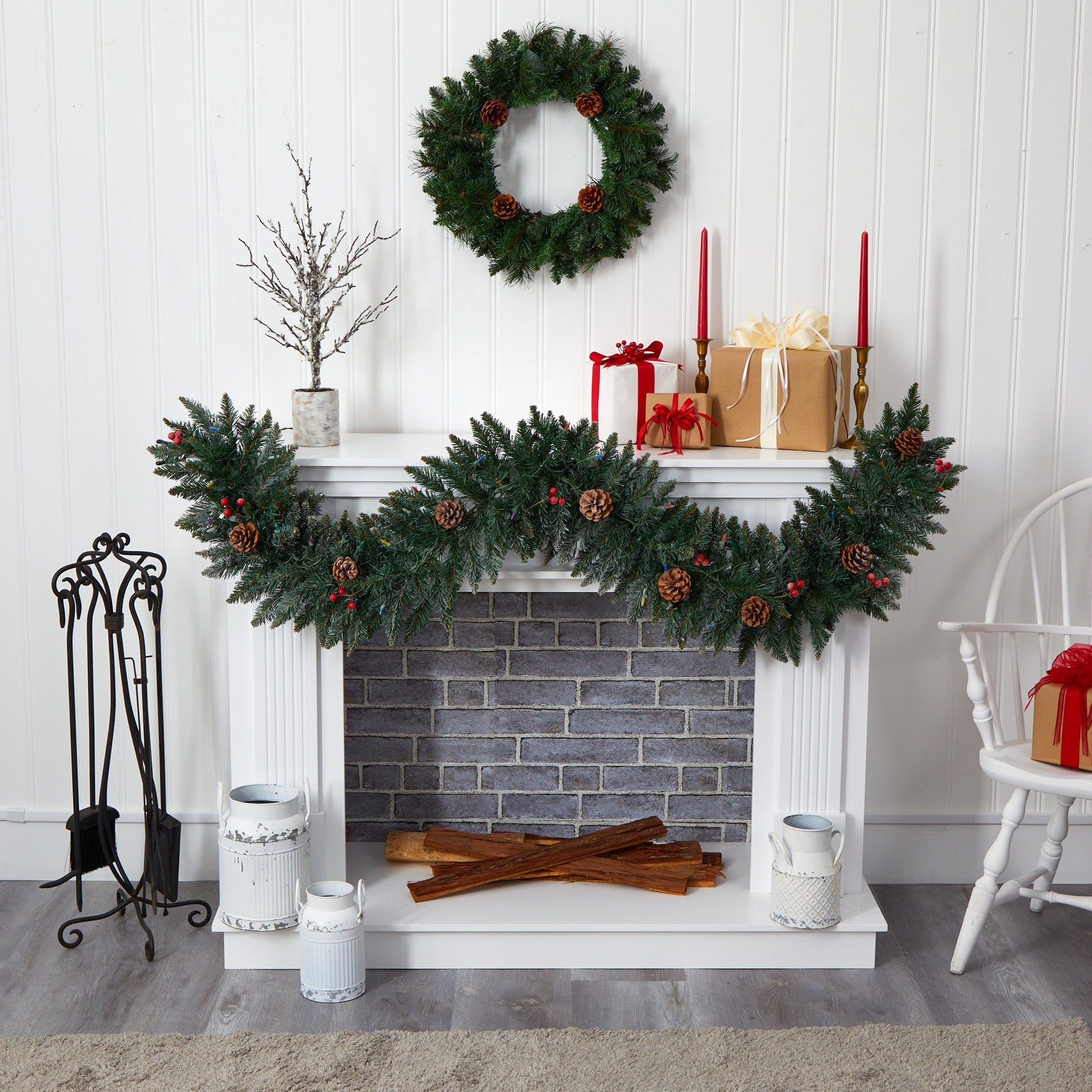 6’ Snow Dusted Artificial Christmas Garland with 50 Multicolored LED Lights Berries and Pinecones - Nearly Natural