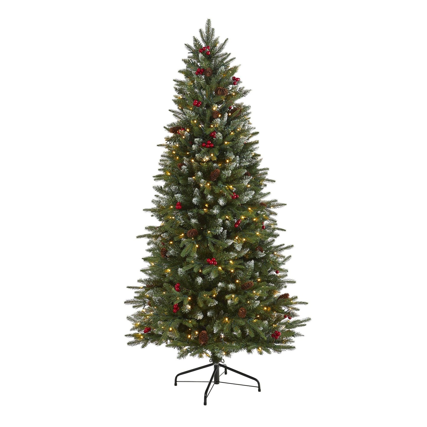 Sapin de Noël artificiel en épicéa de Portland avec pointes enneigées, baies givrées et pommes de pin, avec 300 lumières LED transparentes, 6 pi