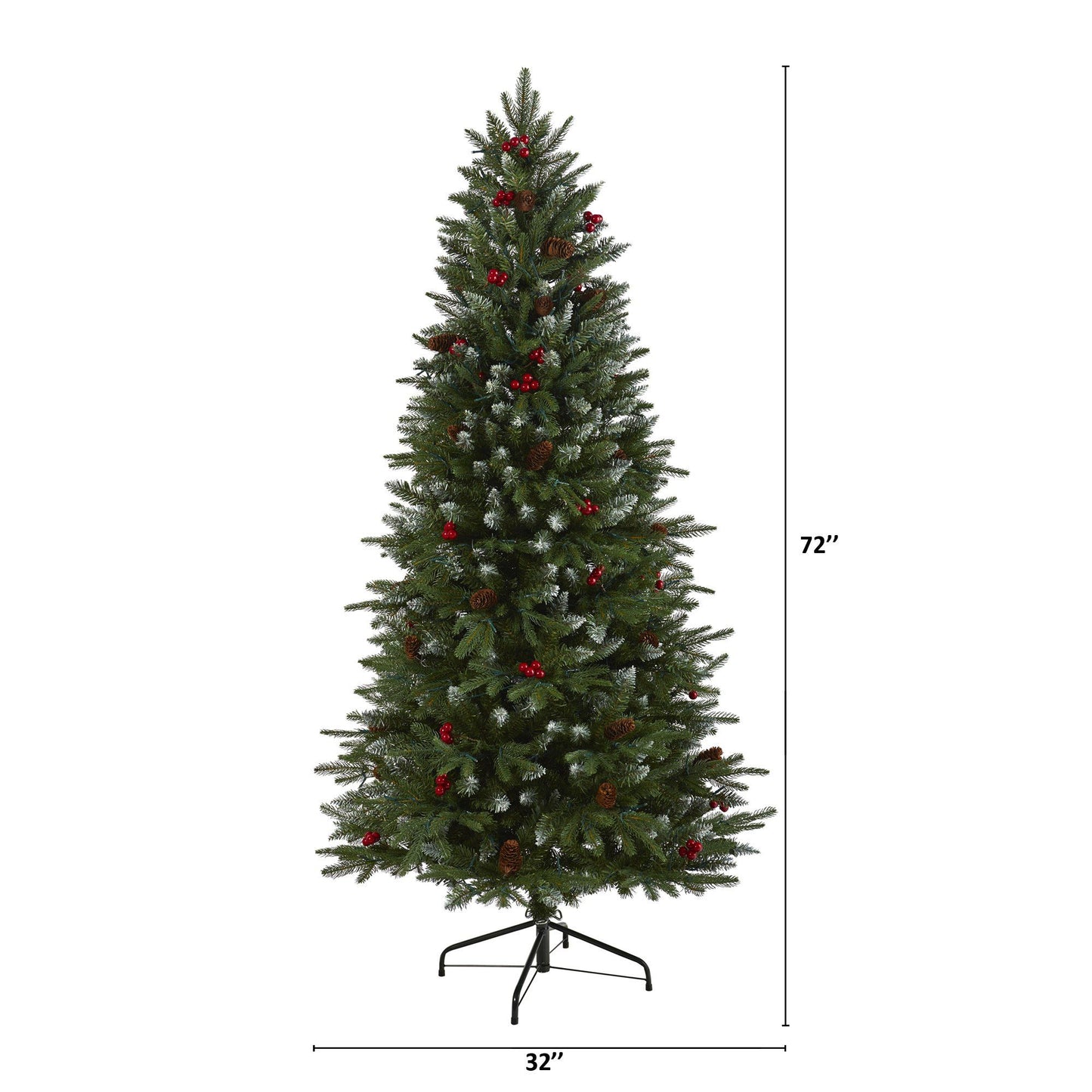 Sapin de Noël artificiel en épicéa de Portland avec pointes enneigées, baies givrées et pommes de pin, avec 300 lumières LED transparentes, 6 pi