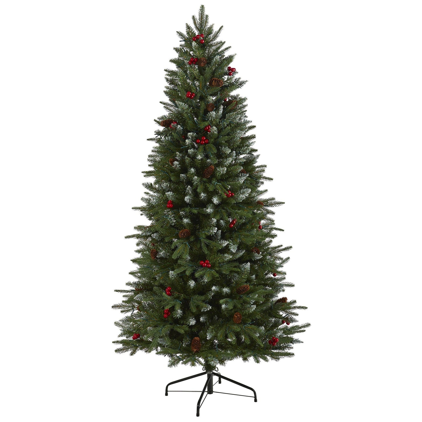 Sapin de Noël artificiel en épicéa de Portland avec pointes enneigées, baies givrées et pommes de pin, avec 300 lumières LED transparentes, 6 pi