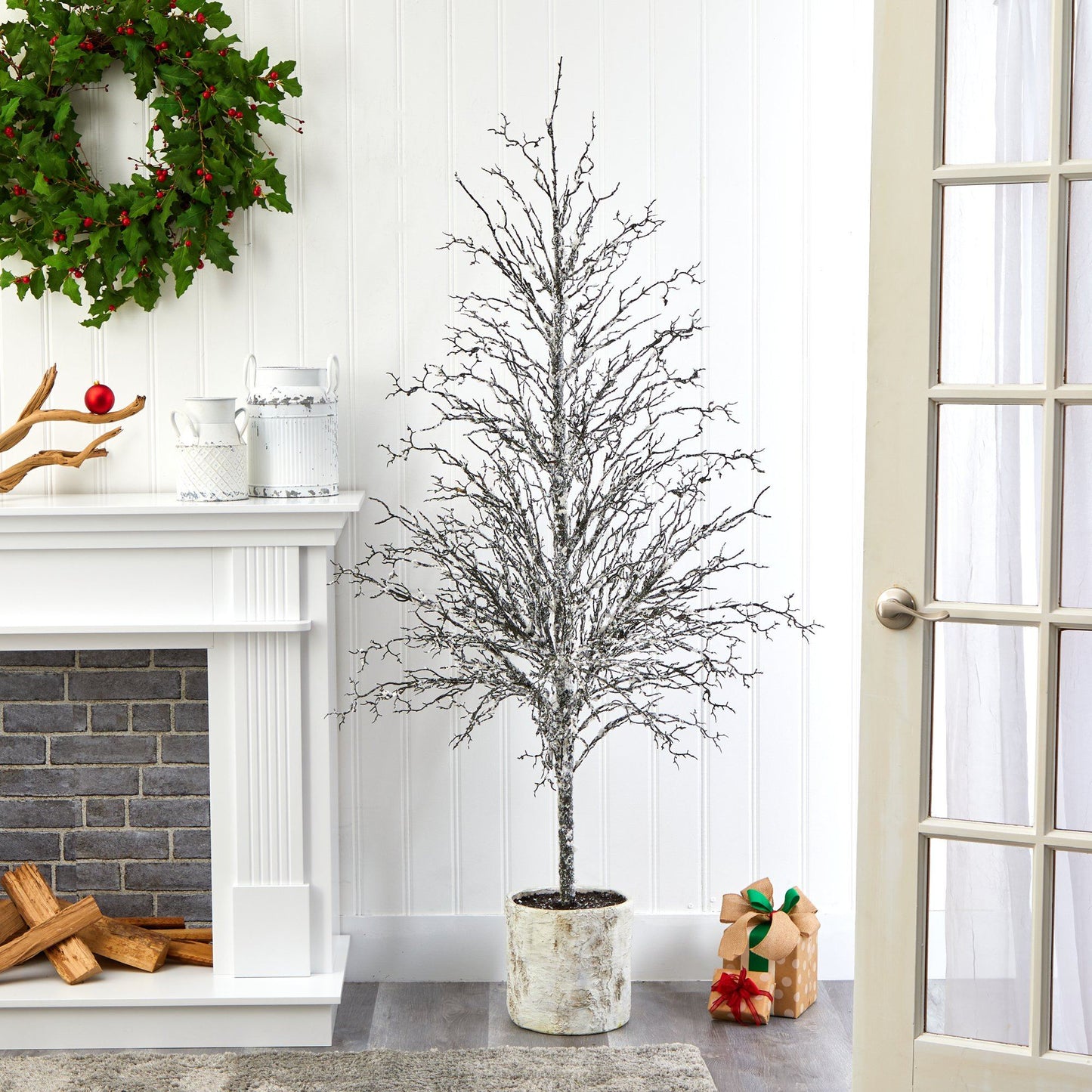 Árbol de Navidad artificial con ramitas nevadas de 6 pies en maceta decorativa