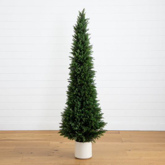 6’ UV Resistant Artificial Cedar Tree in Decorative White Planter (Indoor/Outdoor)