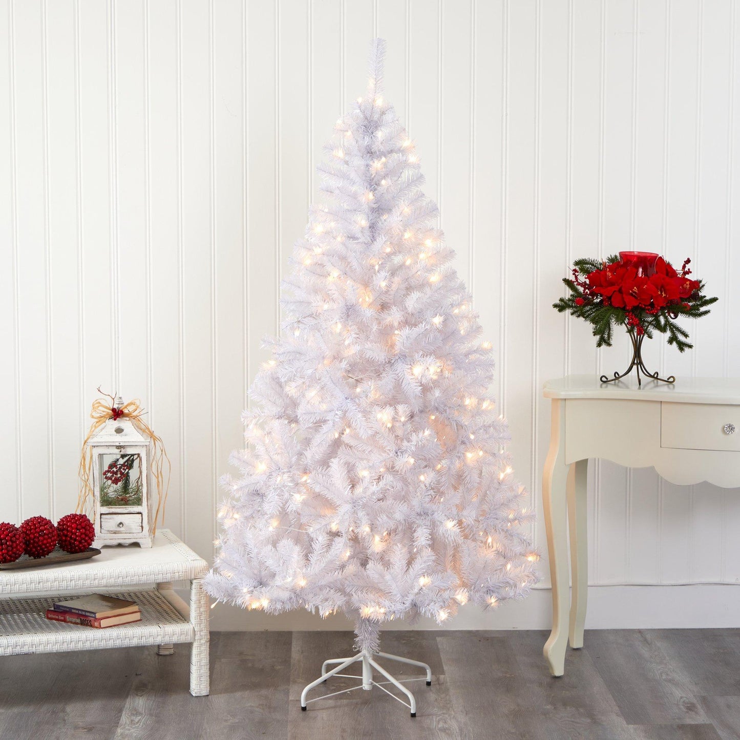 Árbol de Navidad artificial blanco de 6 pies con 680 ramas flexibles y 250 luces LED transparentes