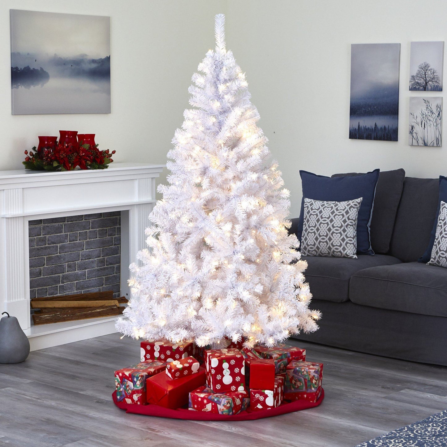 Árbol de Navidad artificial blanco de 6 pies con 680 ramas flexibles y 250 luces LED transparentes