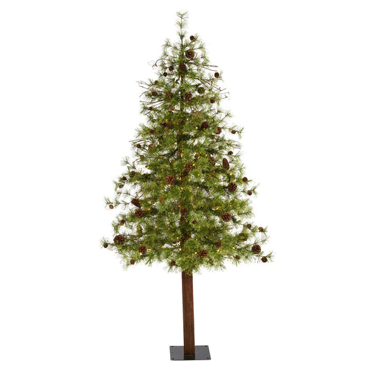 Árbol de Navidad artificial Wyoming Alpine de 6 pies con 150 luces LED transparentes (multifunción) y piñas sobre tronco natural