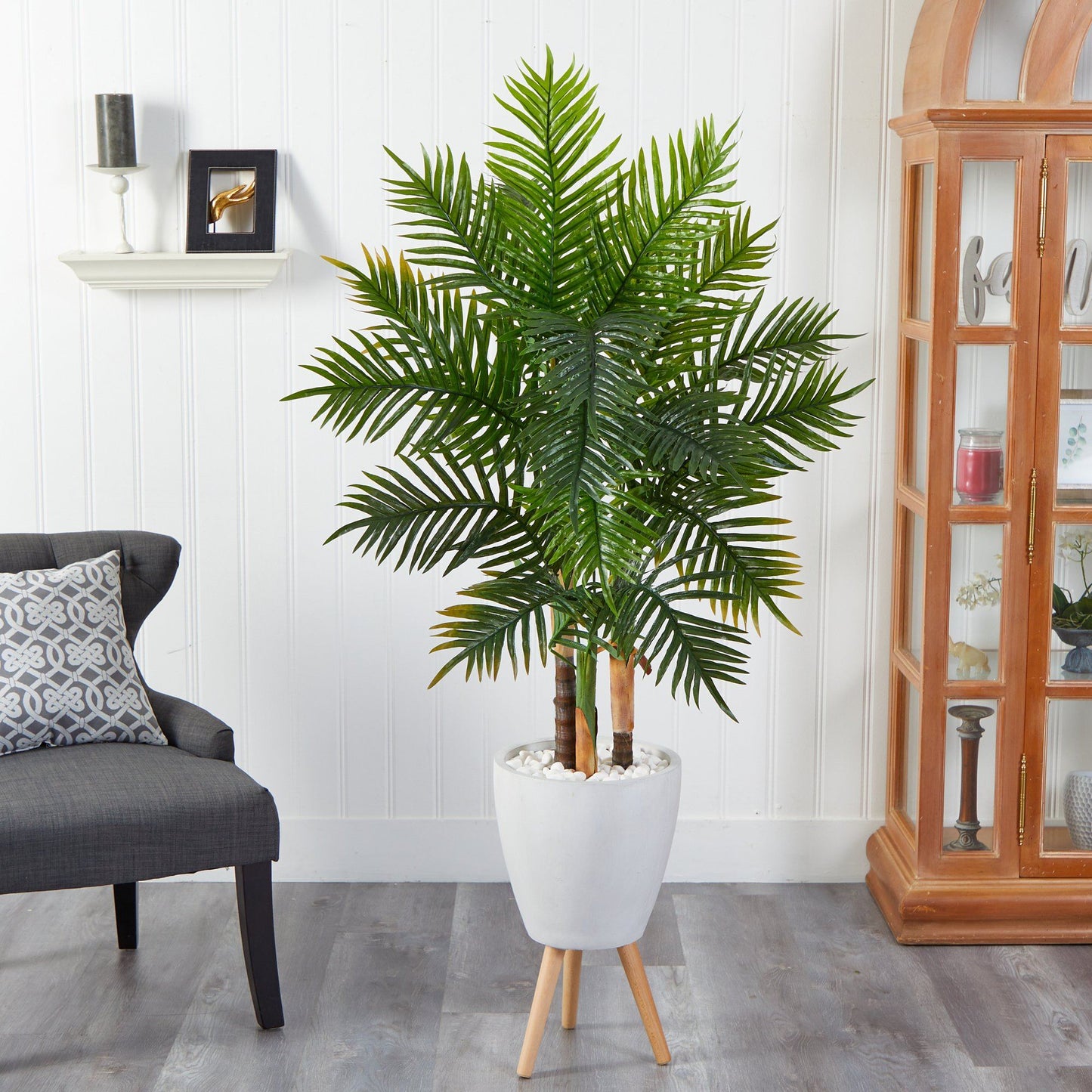 63” Areca Artificial Palm Tree in White Planter with Stand (Real Touch)