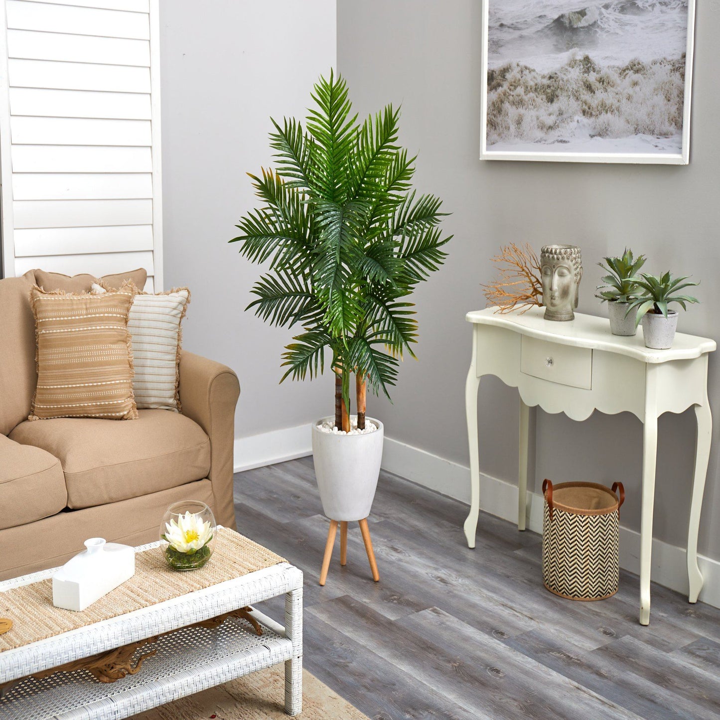 63” Areca Artificial Palm Tree in White Planter with Stand (Real Touch)