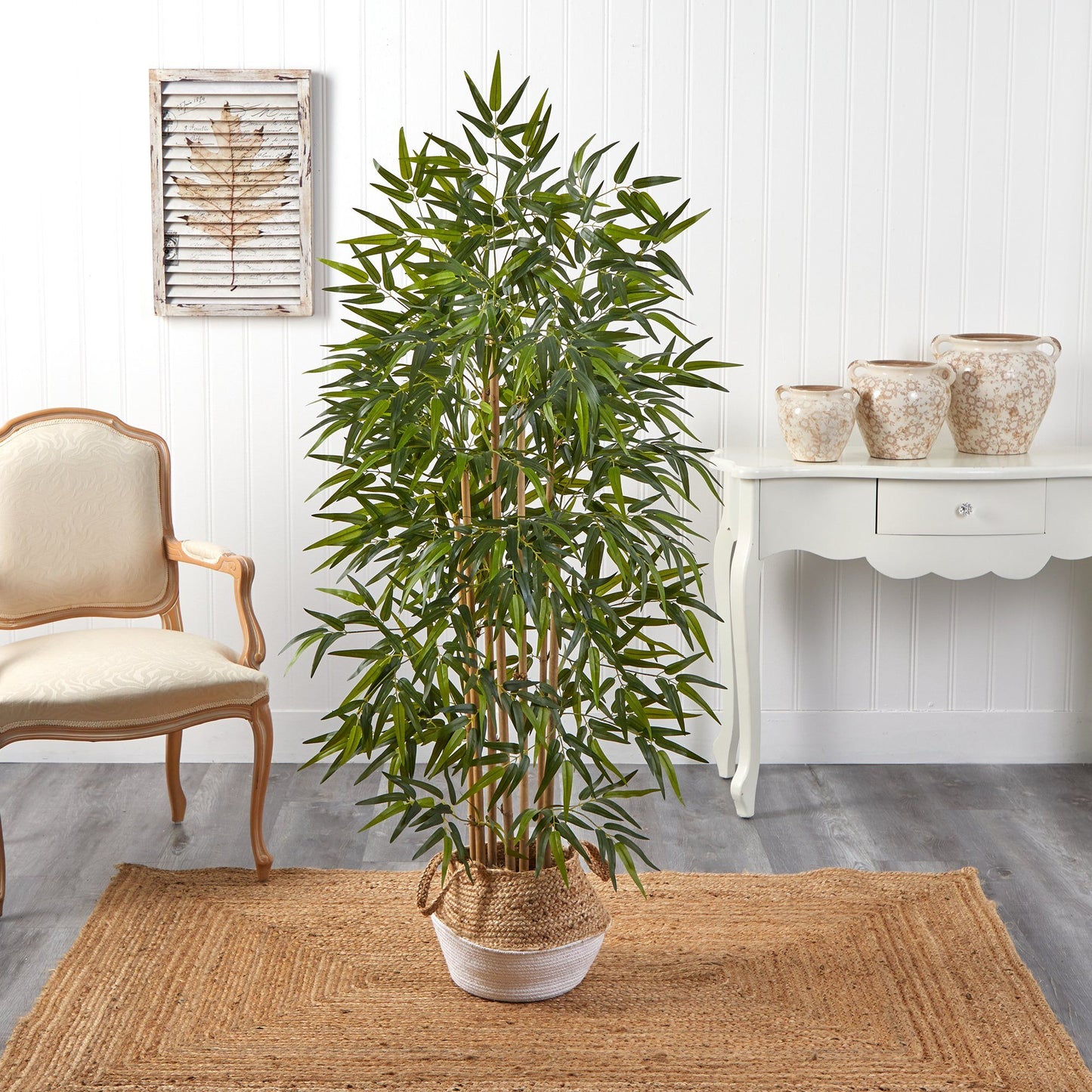 64” Bamboo Tree with Natural Bamboo Trunks in Boho Chic Handmade Cotton & Jute White Woven Planter