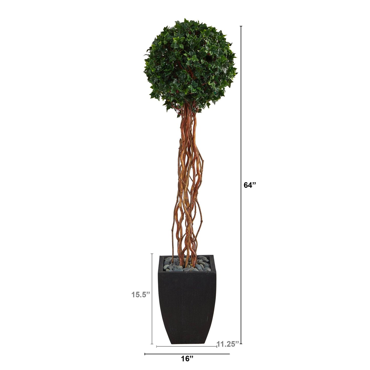 Arbre topiaire artificiel à boule unique de lierre anglais de 64 po dans une jardinière noire (intérieur/extérieur)