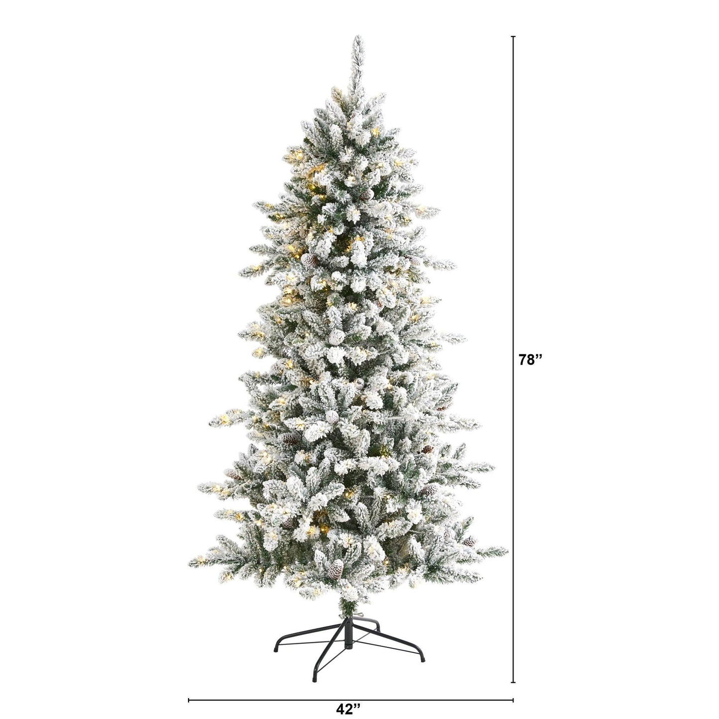 Árbol de Navidad artificial de abeto Livingston flocado de 6,5 pies con piñas y 300 luces LED transparentes y cálidas