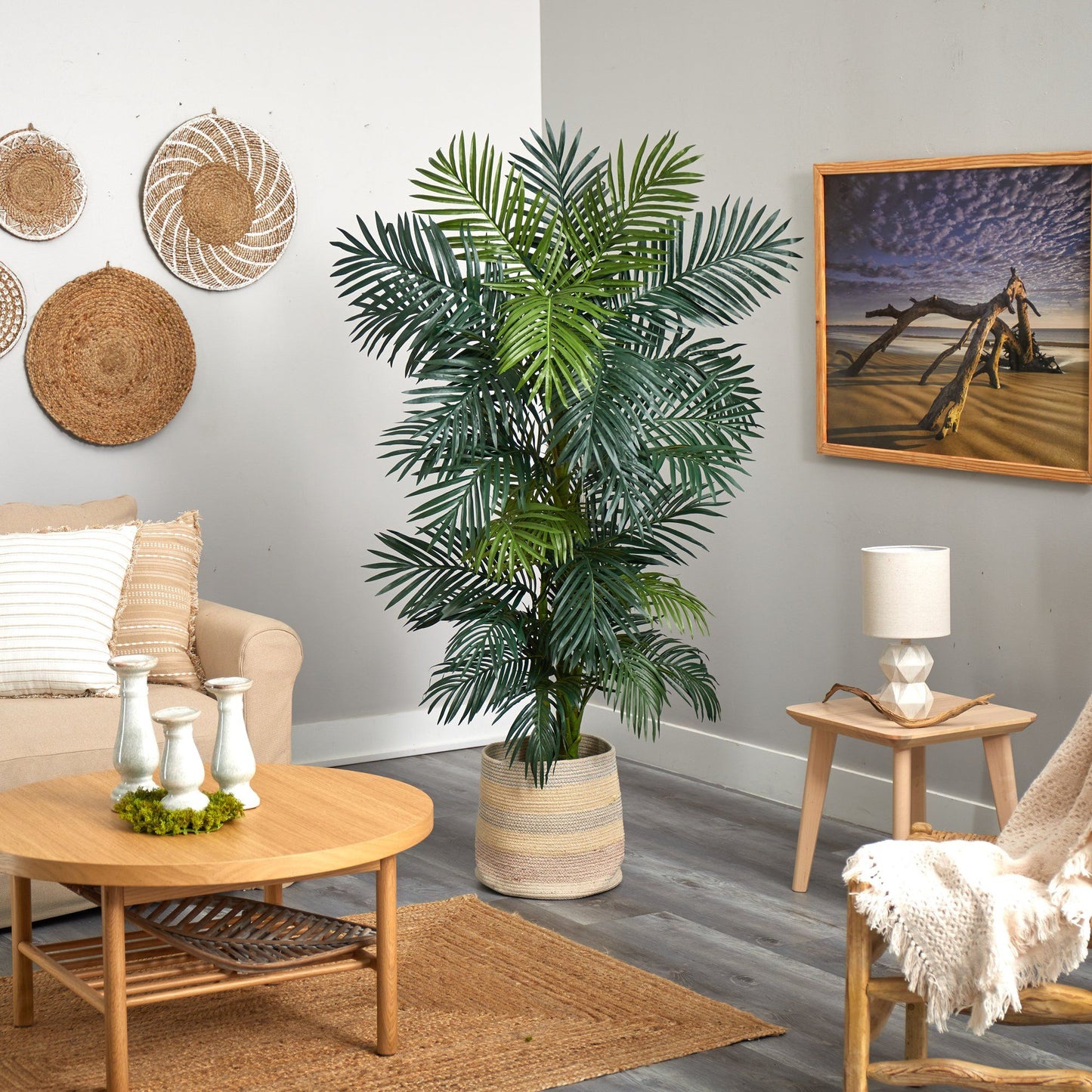 6.5' Golden Cane Artificial Palm Tree in Handmade Natural Cotton Multicolored Woven Planter