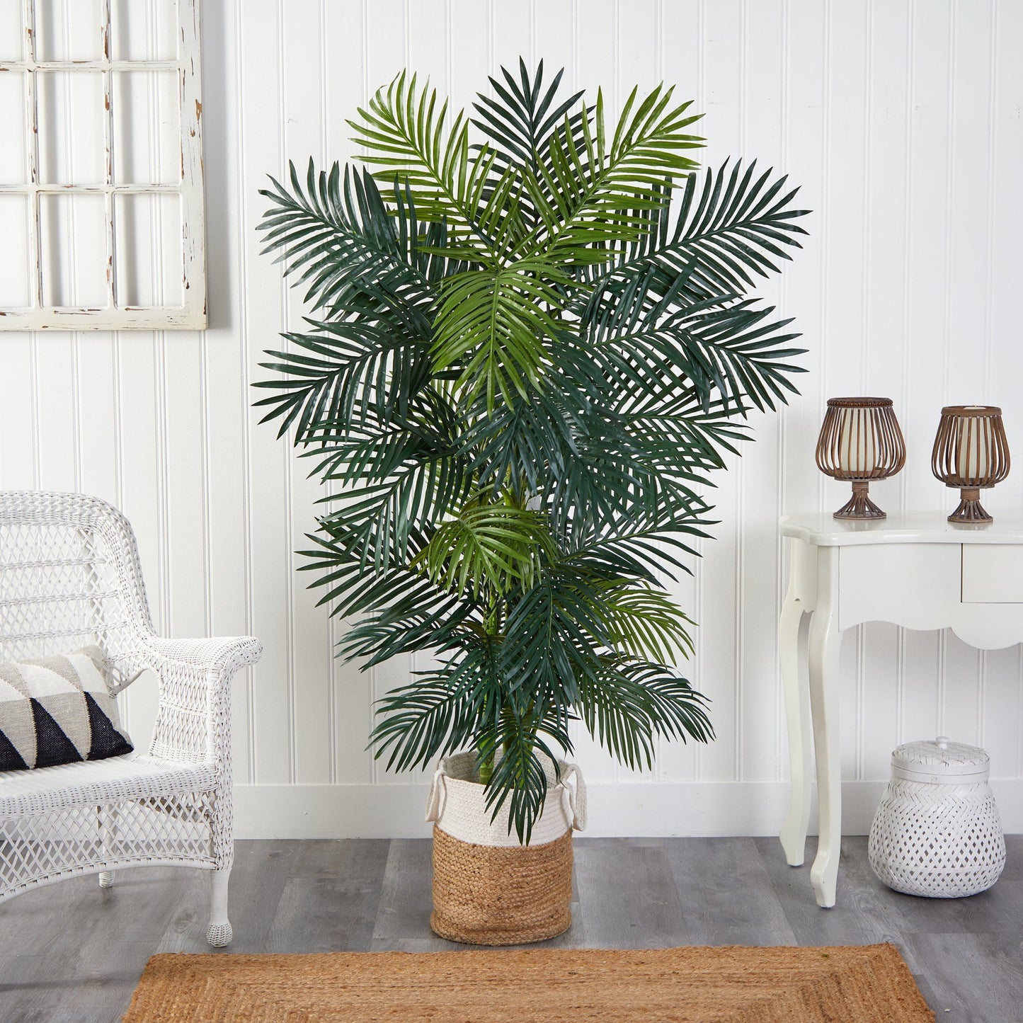 Palmera artificial de caña dorada de 6,5 pies en macetero de algodón y yute natural hecho a mano