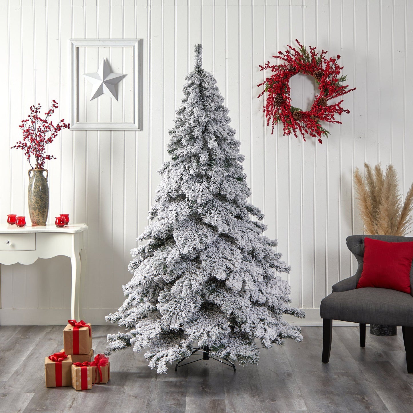 7’ Flocked Austria Fir Christmas Tree with 400 Warm White LED Lights and 1063 Bendable Branches