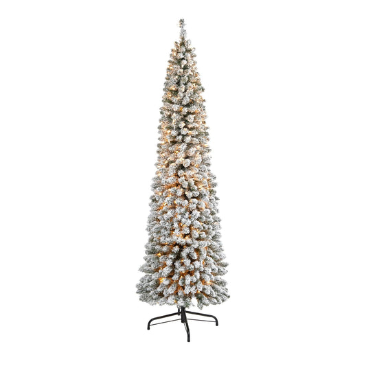 7’ Flocked Pencil Artificial Christmas Tree with 400 Clear Lights and 574 Bendable Branches