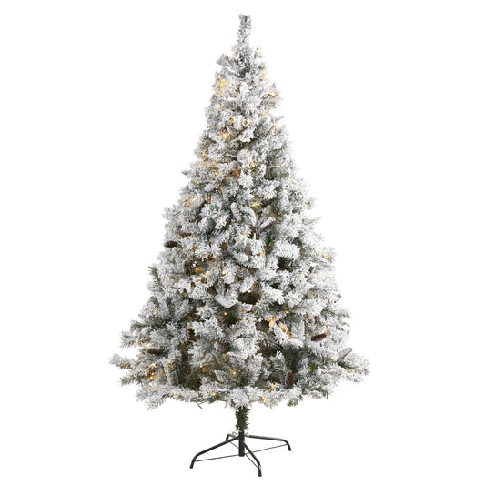 Árbol de Navidad artificial de pino de montaña blanco flocado de 7 pies con piñas y 350 luces LED