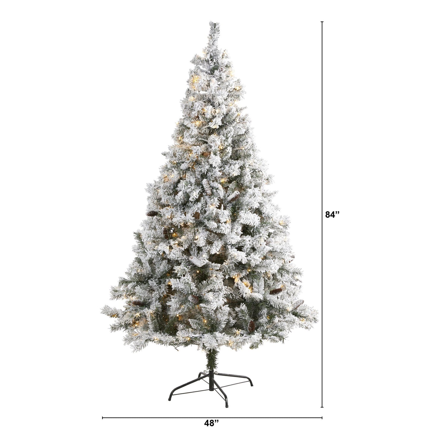 Árbol de Navidad artificial de pino de montaña blanco flocado de 7 pies con piñas y 350 luces LED