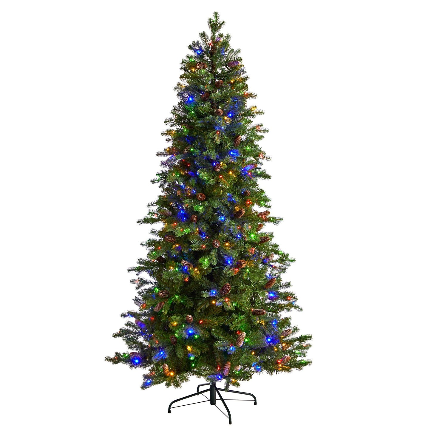 Árbol de Navidad artificial de abeto Fraser de 7 pies con 300 luces LED multicolores y 1179 ramas flexibles