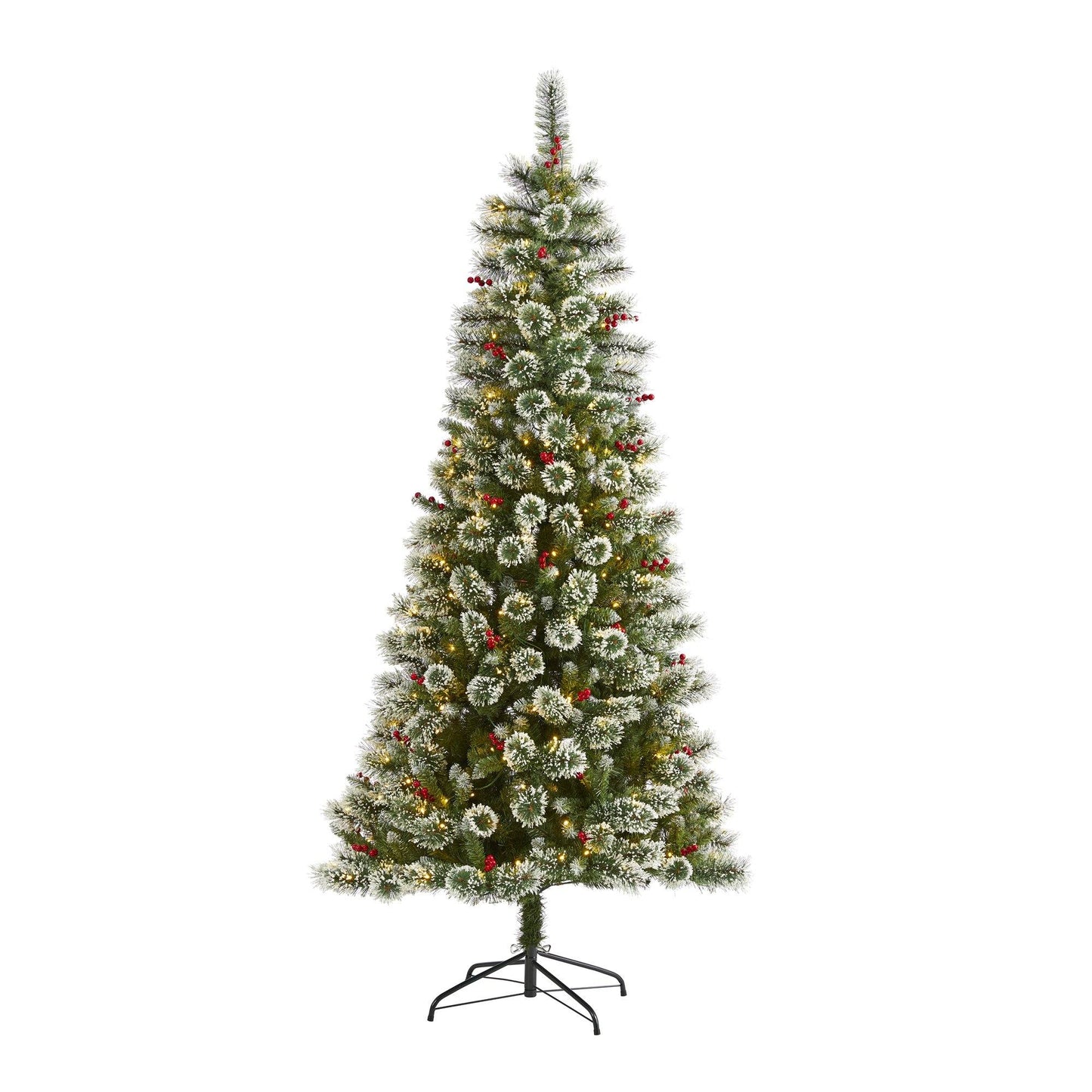 Árbol de Navidad artificial de pino suizo esmerilado de 7 pies con 400 luces LED transparentes y bayas