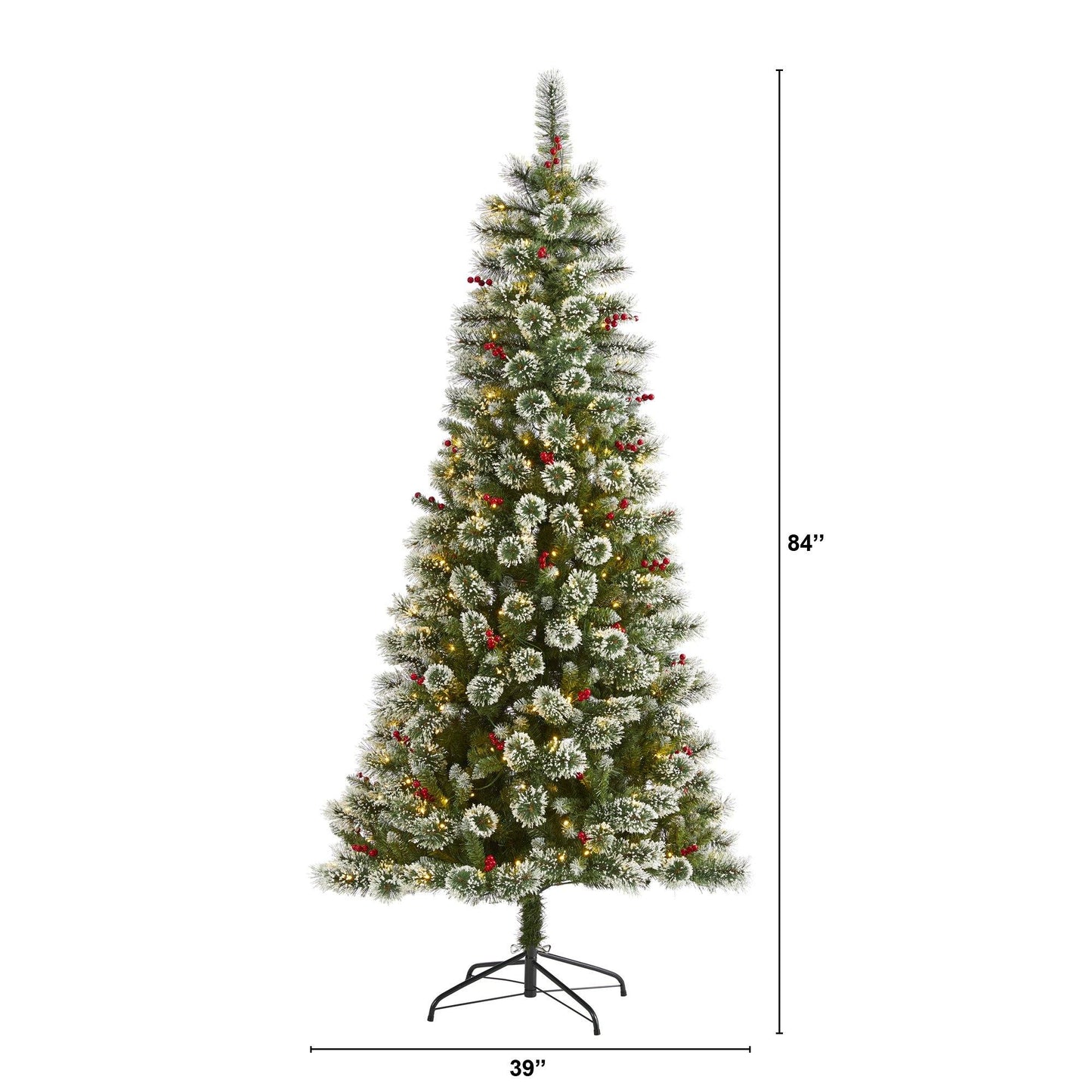 Árbol de Navidad artificial de pino suizo esmerilado de 7 pies con 400 luces LED transparentes y bayas