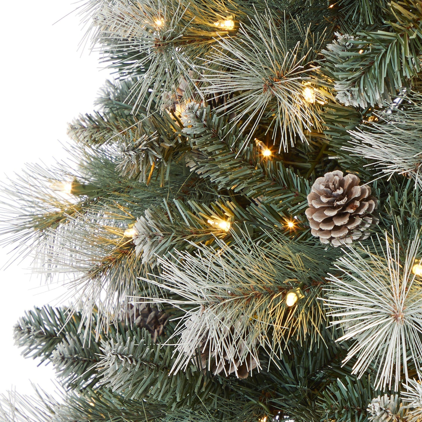 Frosted Tip British Columbia Mountain Pine Artificial Christmas Tree with 400 Clear Lights, Pine Cones and 882 Bendable Branches