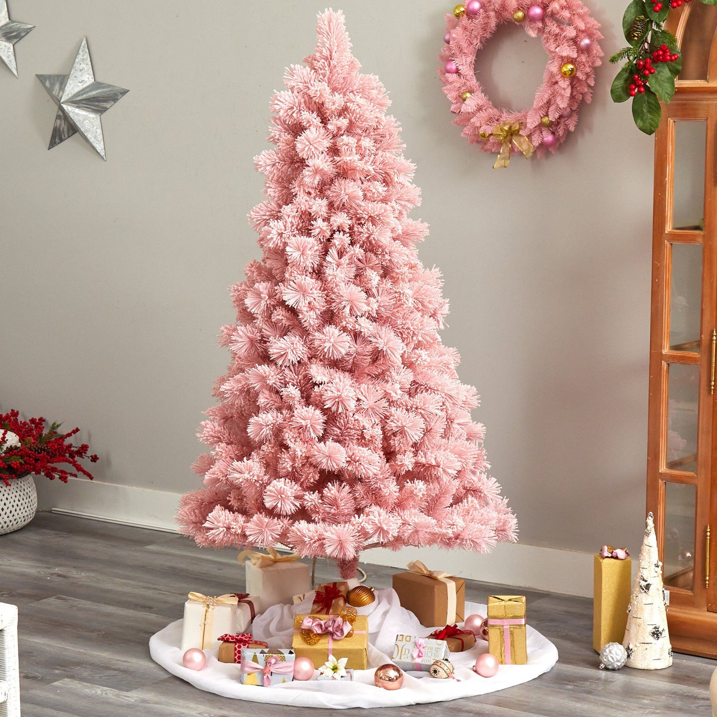 Árbol de Navidad de cachemira rosa de 7 pies con 300 luces y 599 ramas flexibles