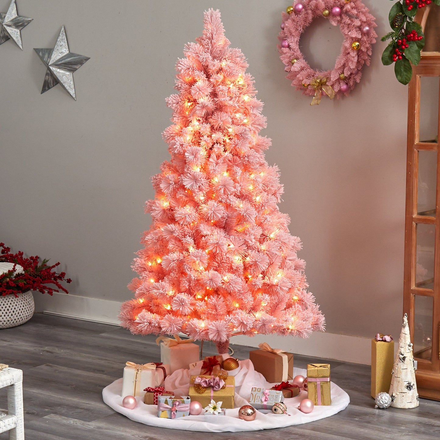 Árbol de Navidad de cachemira rosa de 7 pies con 300 luces y 599 ramas flexibles