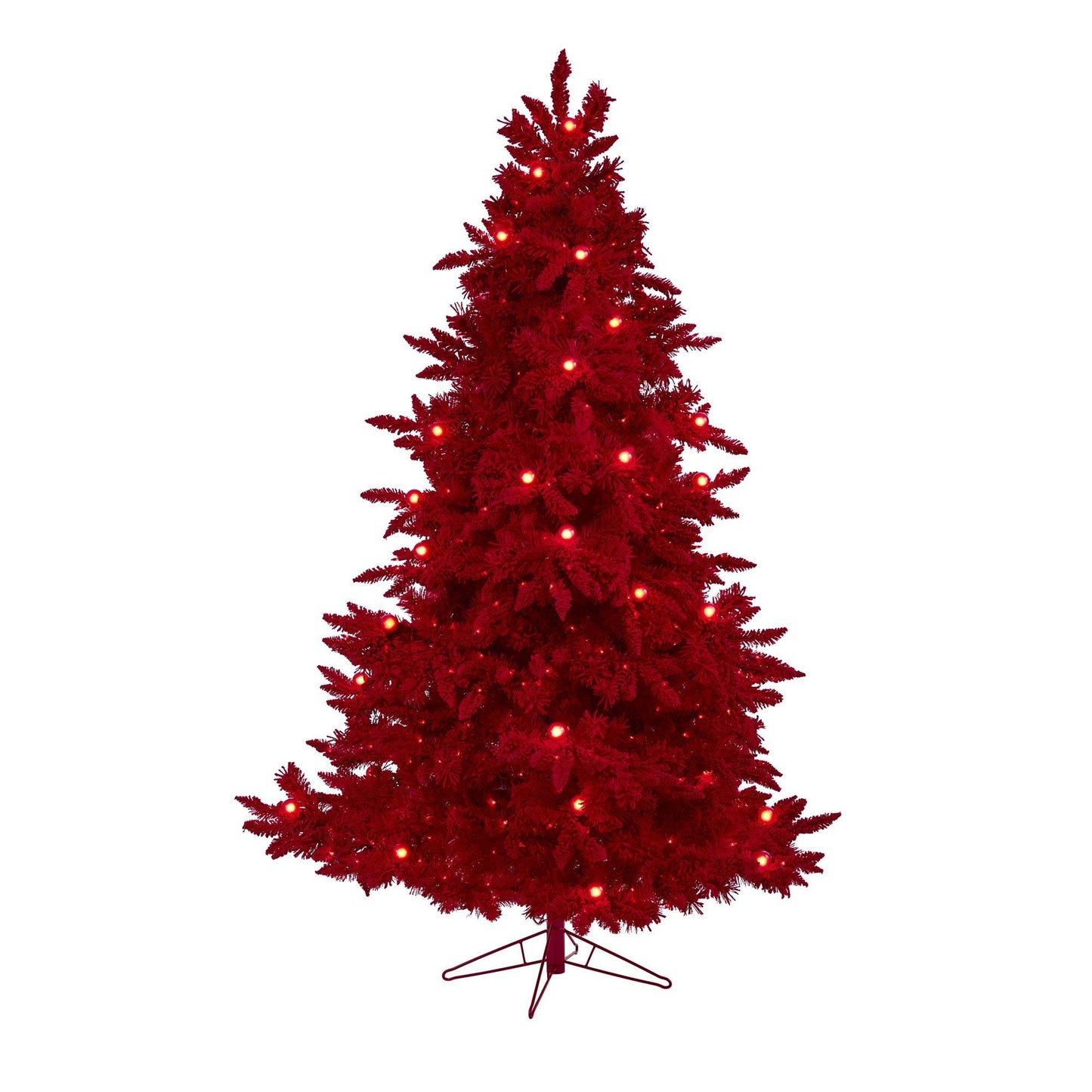 Árbol de Navidad artificial de abeto Fraser rojo flocado de 7 pies con 500 luces rojas, 40 bombillas esféricas y 1039 ramas flexibles