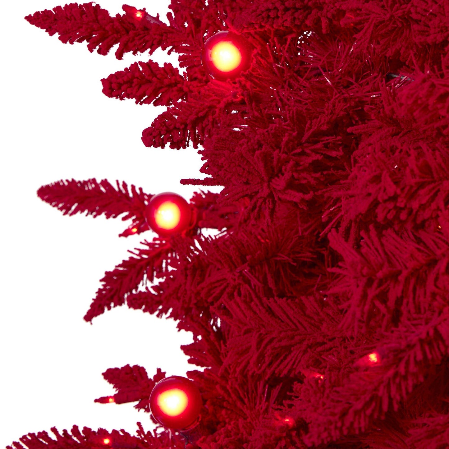 Árbol de Navidad artificial de abeto Fraser rojo flocado de 7 pies con 500 luces rojas, 40 bombillas esféricas y 1039 ramas flexibles