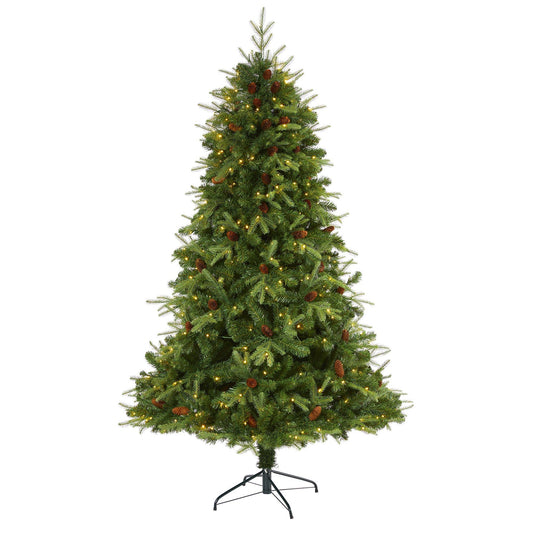 Árbol de Navidad artificial de abeto Wellington de 7 pies con apariencia natural, 400 luces LED transparentes y piñas