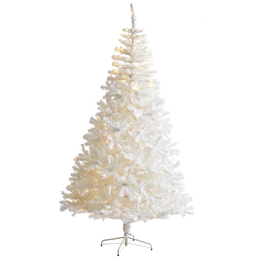 Sapin de Noël artificiel blanc de 7 pi avec 1 000 branches pliables et 350 lumières LED transparentes