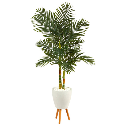 70” Golden Cane Artificial Palm Tree in White Planter with Stand