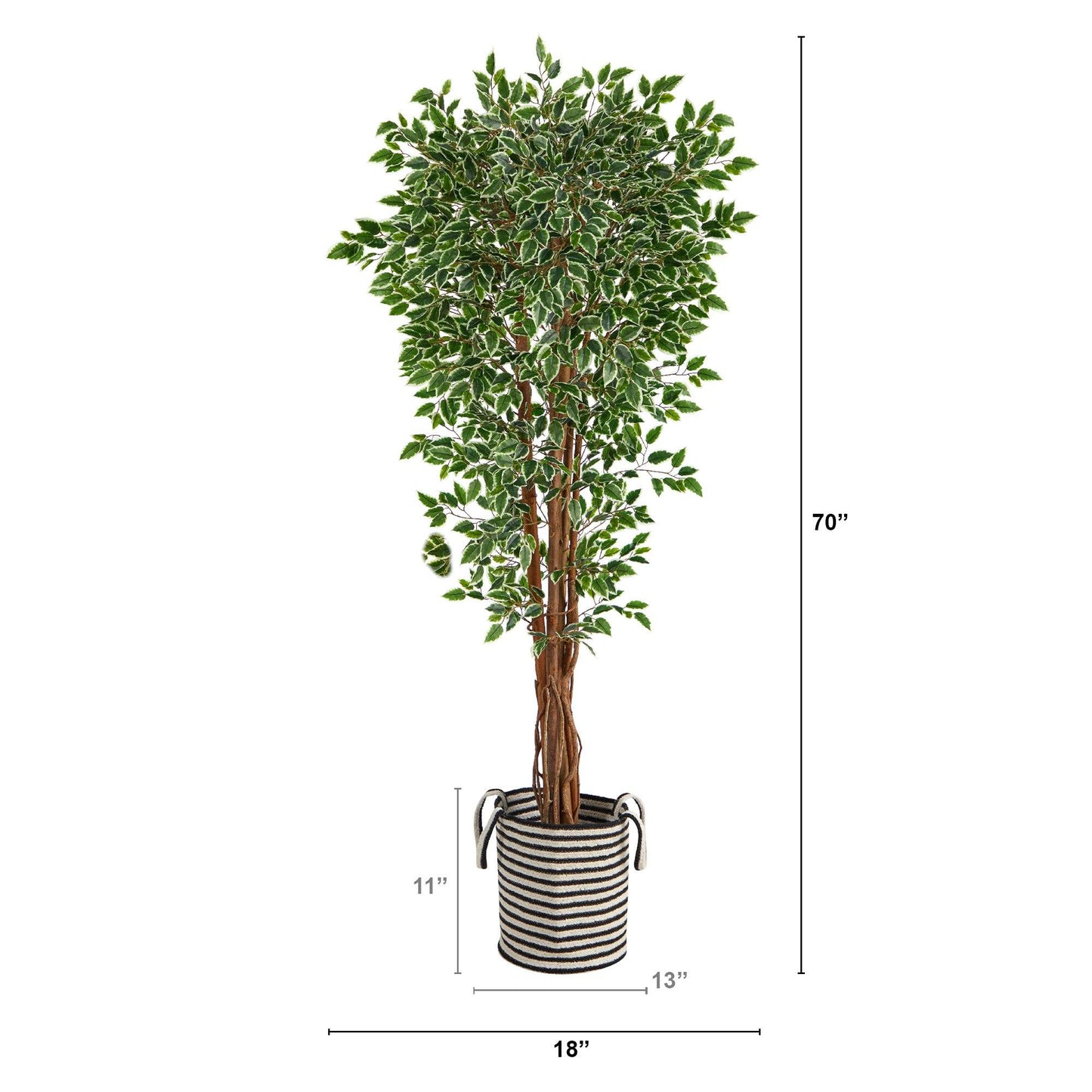 70” Variegated Ficus Tree in Handmade Black and White Natural Jute and Cotton Planter UV Resistant